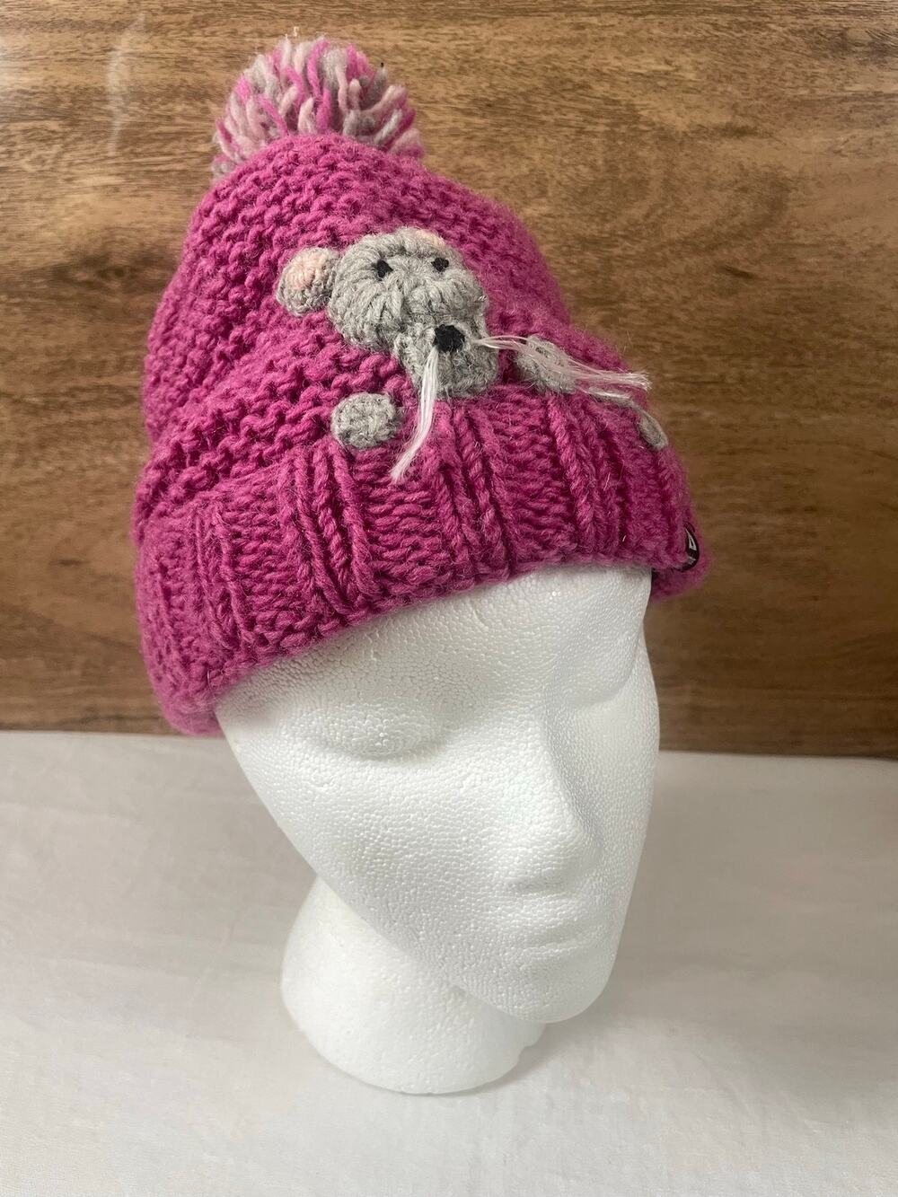 Ambler Kids Wool Beanie Hat Pink 3D Knit Mouse Pom Pom Fleece Lined Child M/L